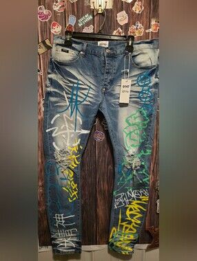 MACKEEN Blue Distressed Graffiti Jeans